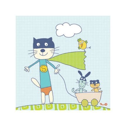 Cuadro infantil Supergato y sus peluches
