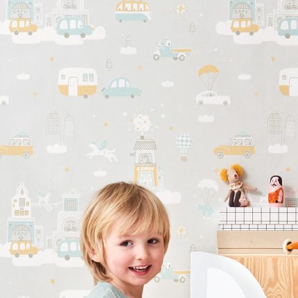 Papel pintado infantil Above Clouds gris suave