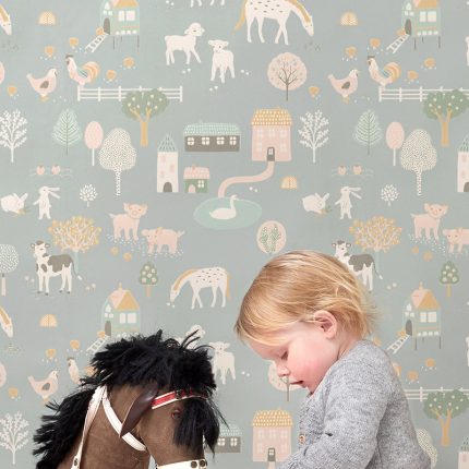Papel pintado infantil My Farm Azul piedra suave