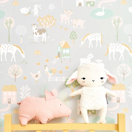 Papel pintado infantil My Farm Gris suave